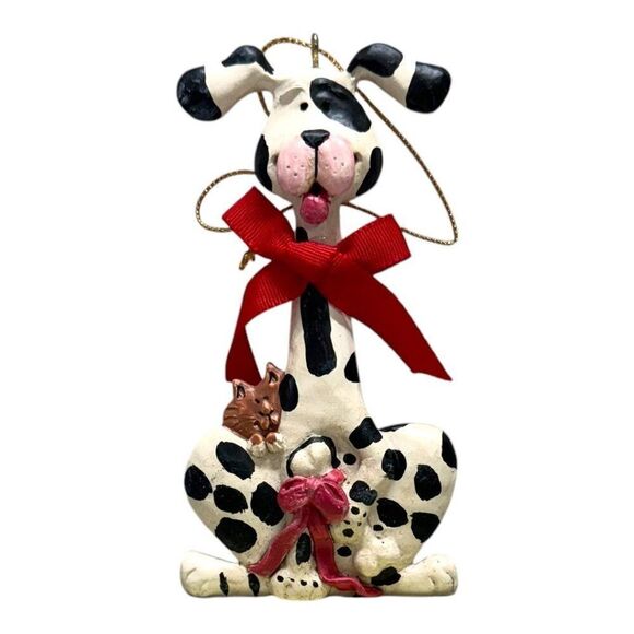 Dalmatian Dog Christmas Ornament Black White Puppy Red Bow Kitty Cat Kurt Adler - Picture 1 of 5